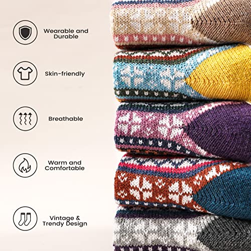 5 Pairs Wool Socks - Wool Socks for Women, Cozy Crew Socks, Warm Winter Socks for Women, Womens Vintage Socks, 6-102