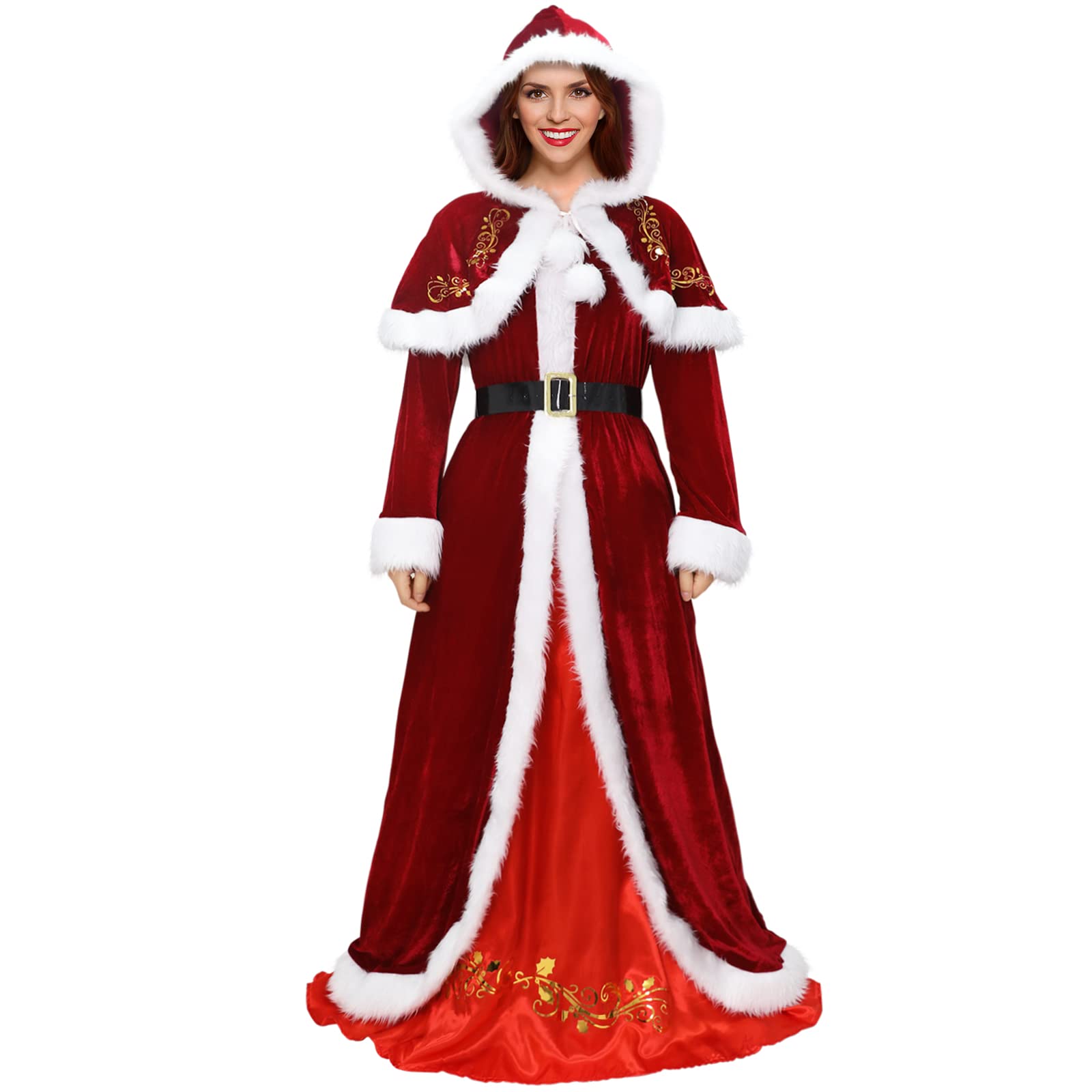 Lyxaof Women Deluxe Christmas Costume, Red Fancy Santa Dress with Cape Shawl Belt Inner Wear for Christmas Halloween Cosplay Party Dress Up
