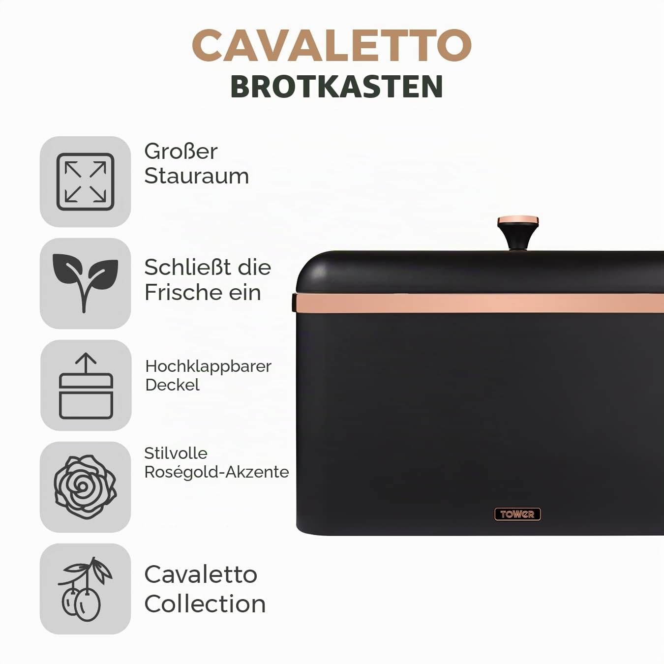 Tower T826130BLK Cavaletto Brotkasten-Aufbewahrung, Karbonstahl, Abnehmbarer Deckel, Schwarz und Rotgold, 23 x 35 x 24 cm