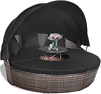Tangkula Round Patio Daybed with Retractable Canopy & Adjustable Coffee Table - Outdoor Rattan Sectional Sofa Set, Black