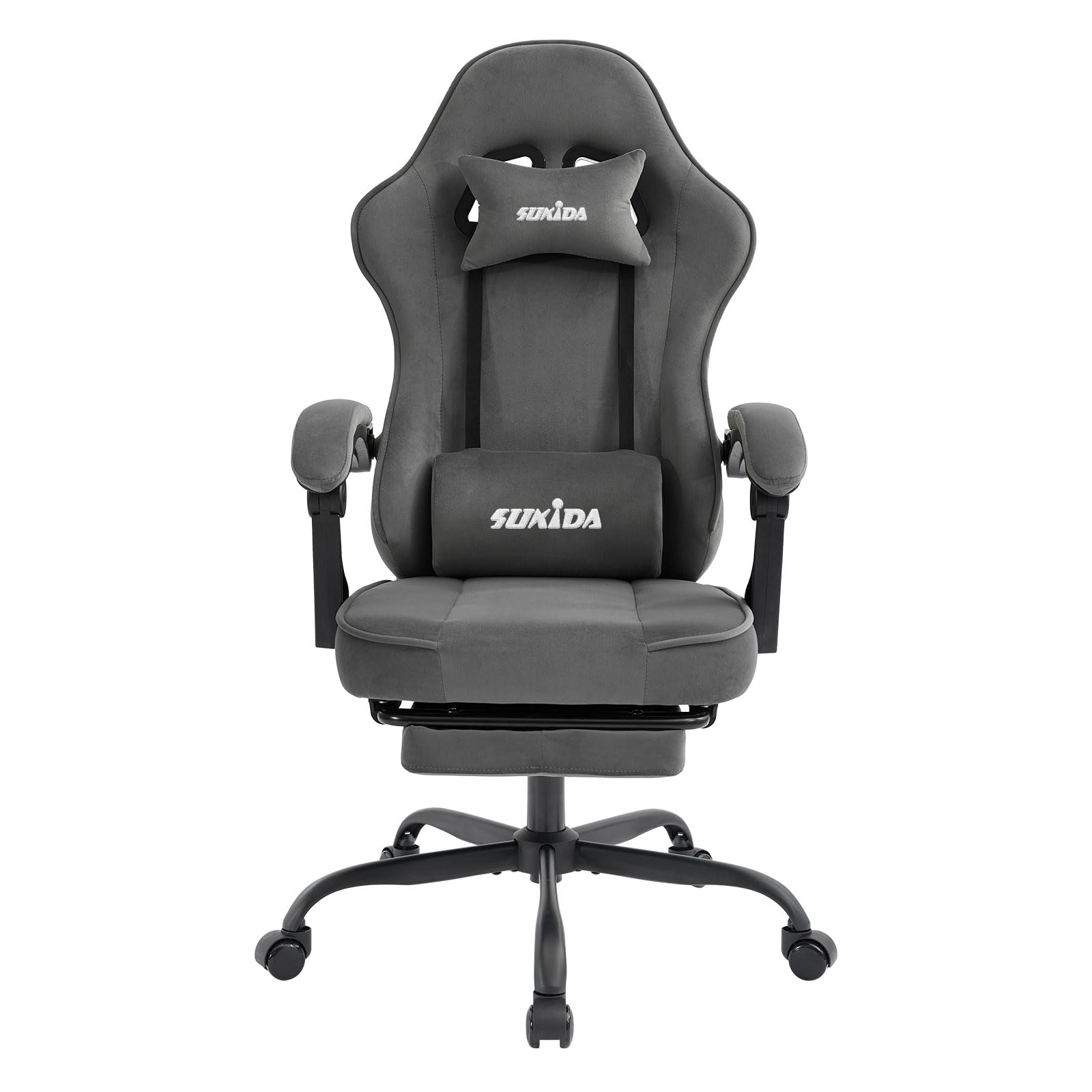 SUKIDA Chaise de gaming en tissu, Chaise de gaming ergonomique avec repose-pieds, Chaise de course informatique réglable avec support lombaire, Gris Chaise PC ergonomique