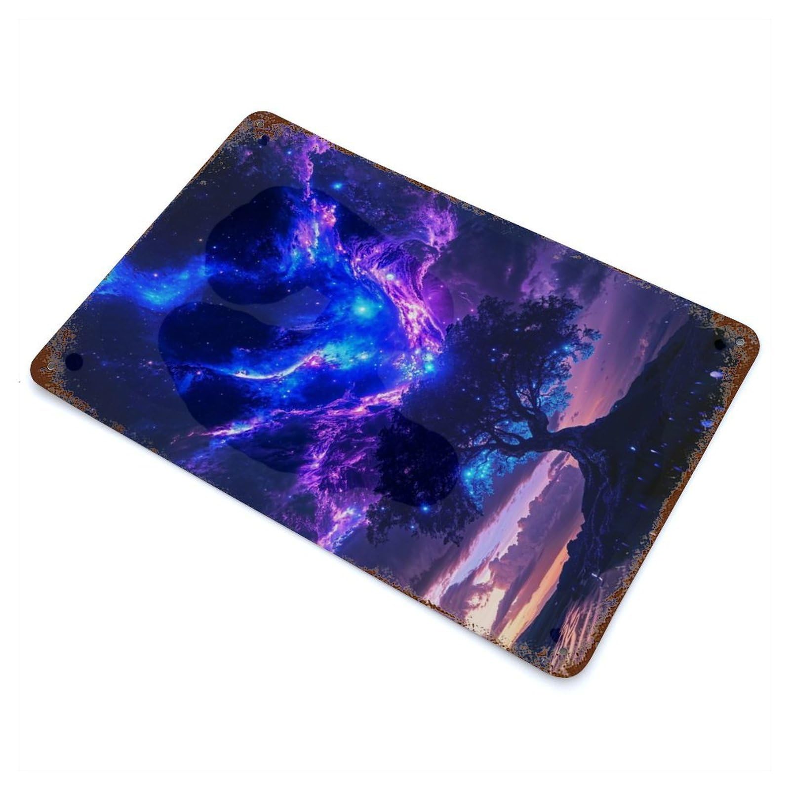 Starry Night Tree Aged Metal Wall Plaque 11.8"x7.9", Industrial Home Decor for Pub, Kitchen And Man Cave Decor