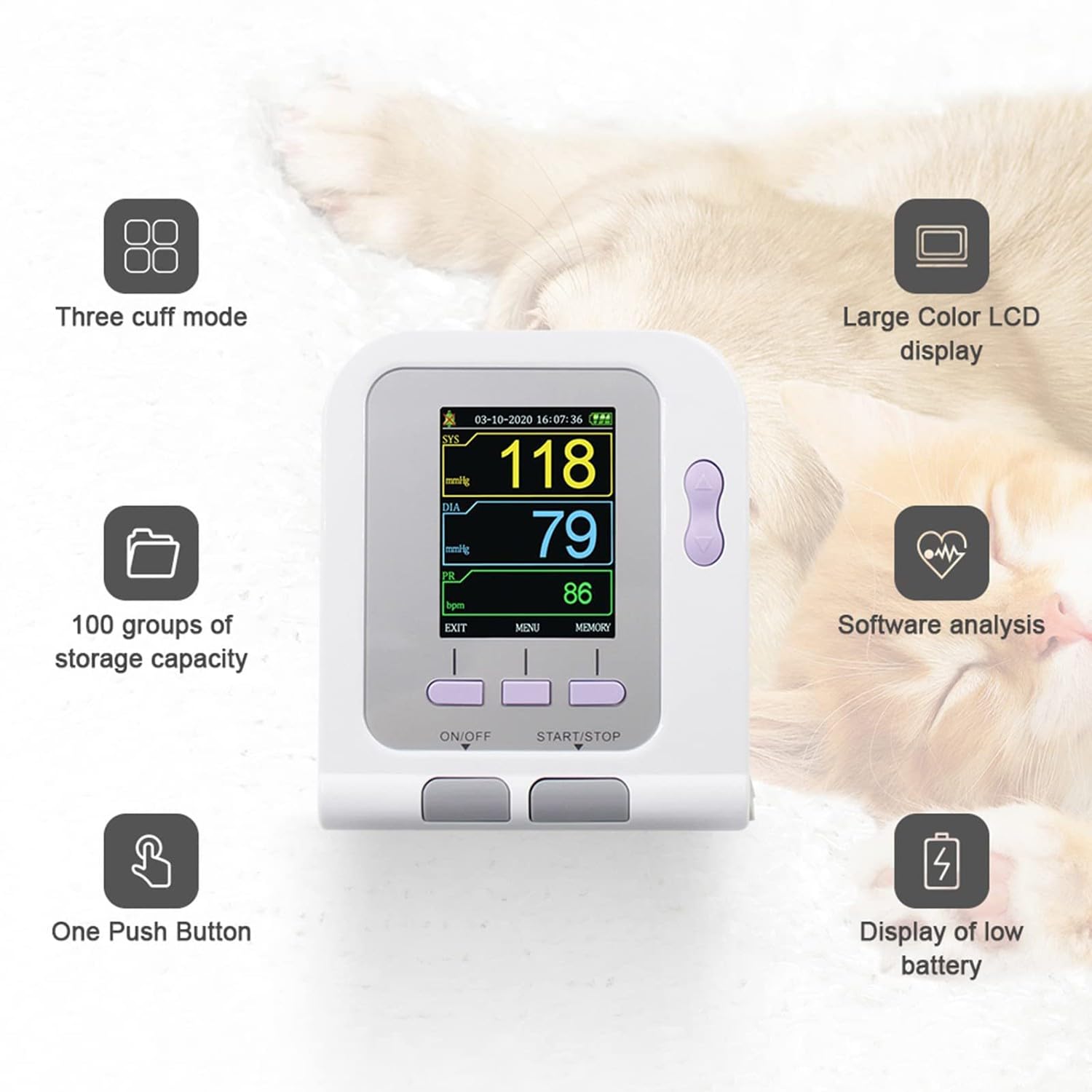 BLUEZY Monitor Presión Arterial Veterinaria, Veterinario/Animal Gato/Perro Monitor Electrónico Automático De Presión Arterial con 3 Puños Y 100 Juegos De Memoria Almacenada
