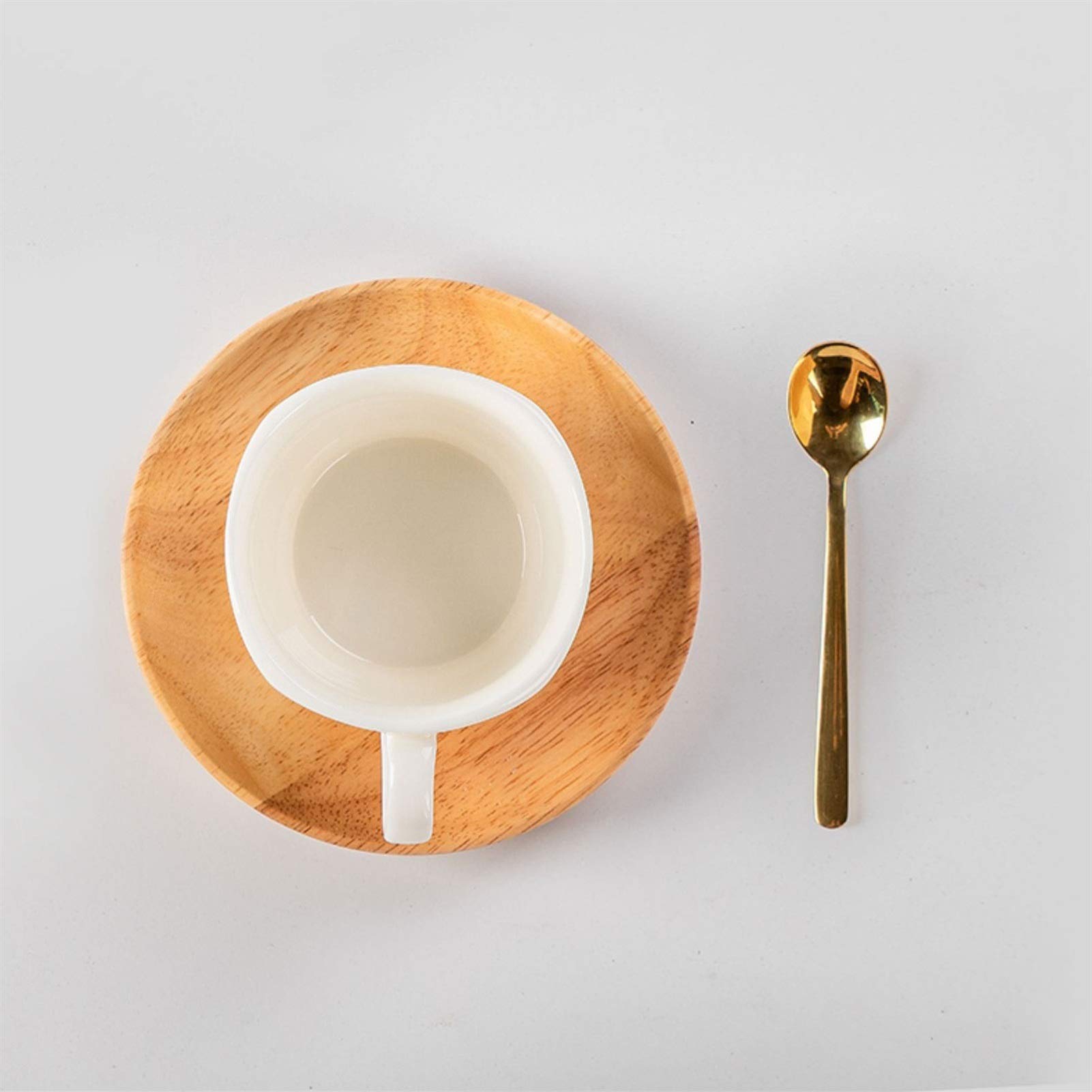 6,8 Once di Porcellana Bianca da caffè con piattino in Legno e Cucchiaio Dorato, Tazza in Ceramica, Tazza da Latte per tè e caffè