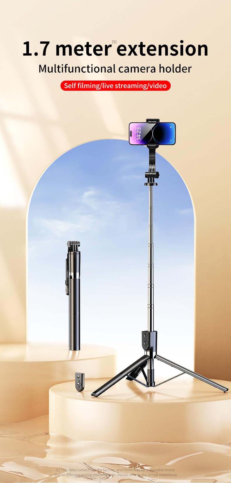 Treppiede professionale per selfie, altezza 1,7 m, resistente e portatile, per fotografia e social media, con telecomando Bluetooth per iPhone, Samsung e Go Pro, colore: nero