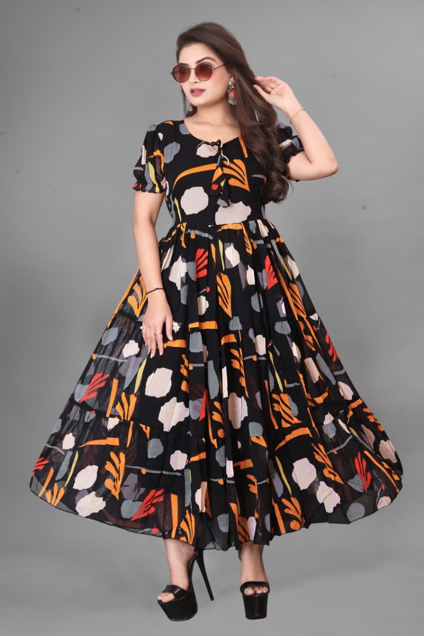 Women’s Georgette Dresses Elegant Floral Printed A-Line Maxi Stylish One Piece Long Western Frock Midi Dress for Women.