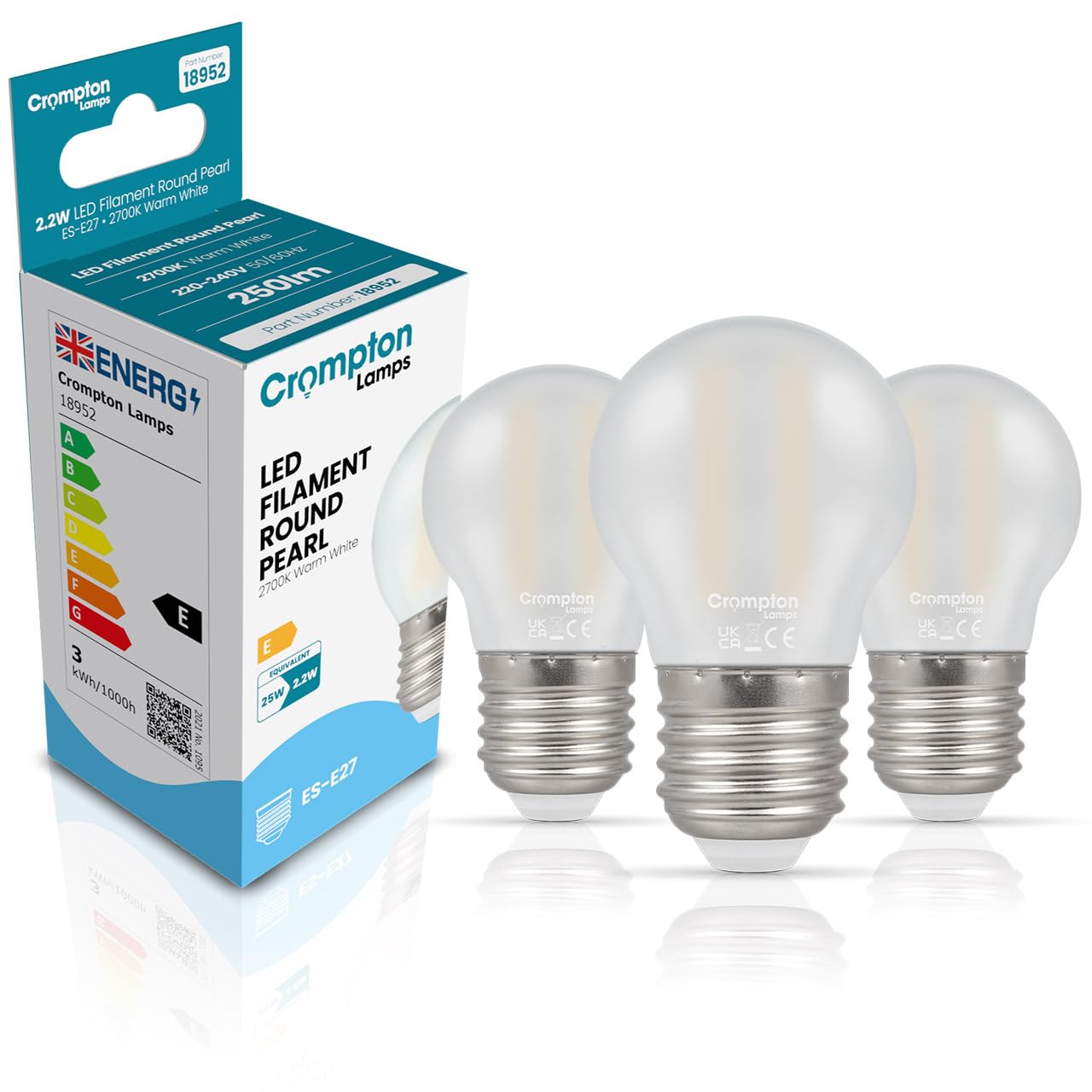 Crompton Lamps Filament Golfball LED Light Bulb ES-E27 | 2.2W = 25W Equivalent | Warm White 2700K | Energy Efficient | Edison Screw Lightbulb | Long Life 15,000-Hrs | Pearl Glass | Dimmable | 3-Pack