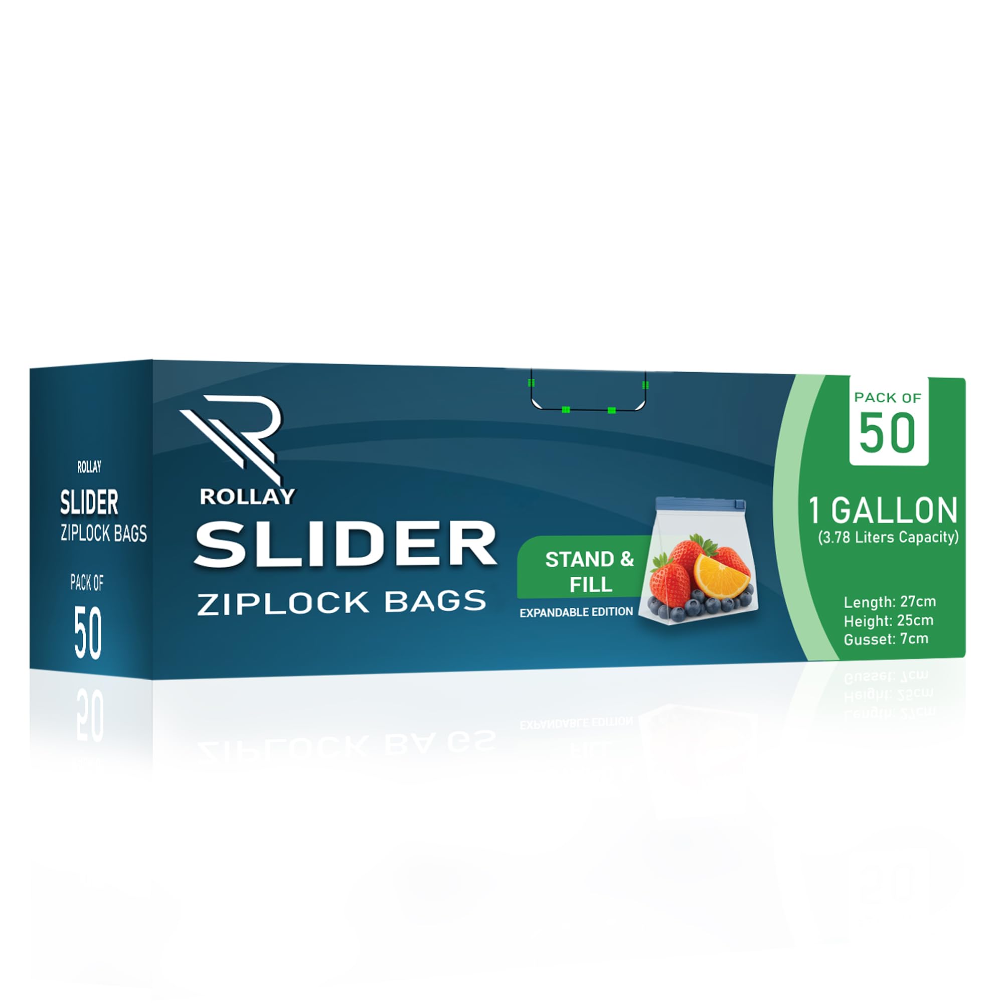 Rollay Blue 50 Slider Ziplock Bags – 1 Gallon(3.78L) Food Storage Bags – Stand & Fill With Expandable Bottom – Resealable, Freezer Safe, Microwave Ready – Great For Fruits, Veggies & Leftovers