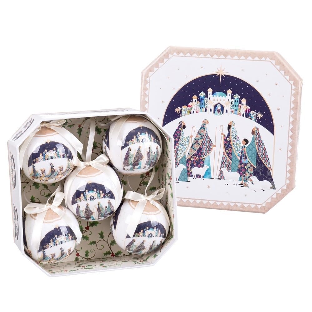 LOLAhome Caja Blanca de 5 Bolas Blancas y Azules de árbol de Navidad para decoración navideña Elegante | Caja Decorada con Reyes Magos con 5 Adornos para árbol de Navidad Redondos de 7,5 cm