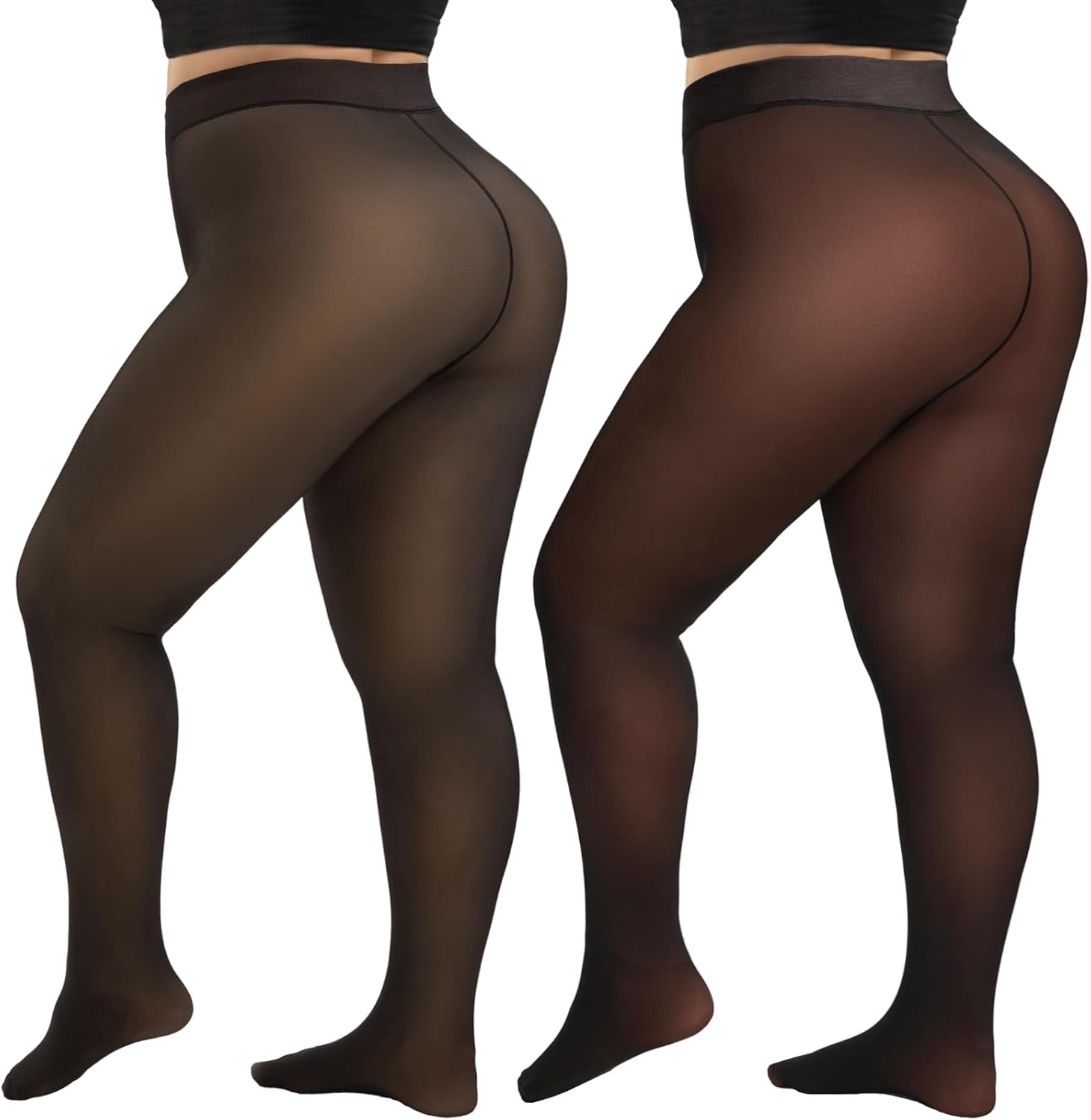 HONGTEYA 2 Pairs Plus Size Fleece Lined Tights Women, Fake Translucent Thermal Tights Pantyhose Sheer Leggings