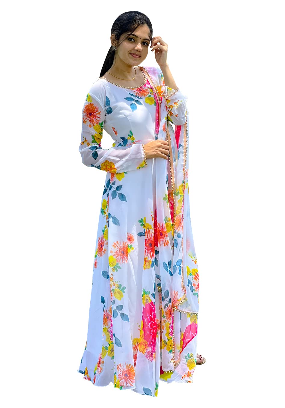 Yana fab Women's White Colour Georgette Floral Printed Gown with Dupatta