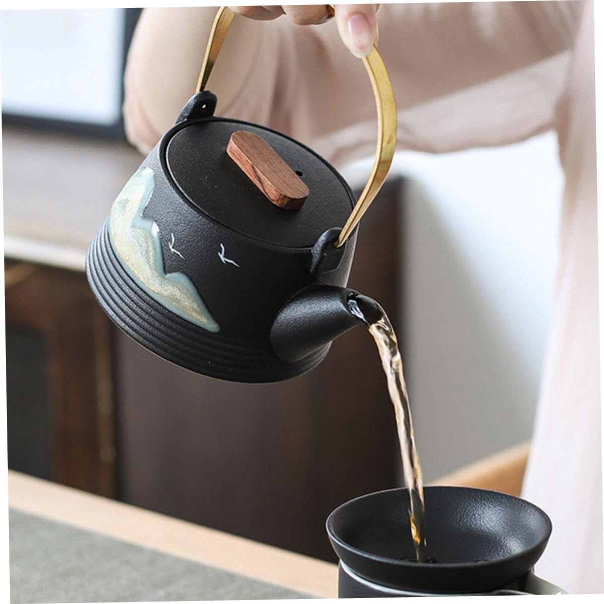 Tetera de Cerámica Pintada a Mano Negra Asa Fría, Pequeña Tetera Creativa para Hogar y Sala de Té Profesional