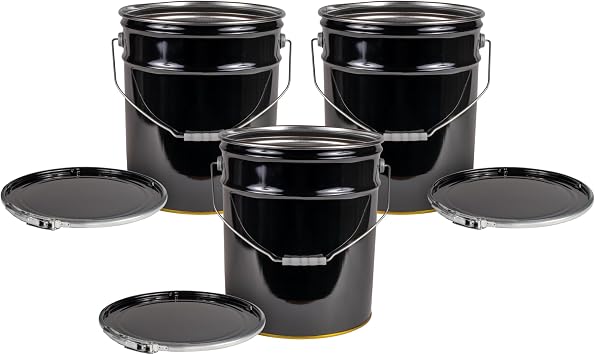ATERET 5 Gallon Black Metal Bucket & Lever Lock Pail Lid - 3 Pack - Heavy Duty Durable Pails and Lids for Outdoor and Household Use