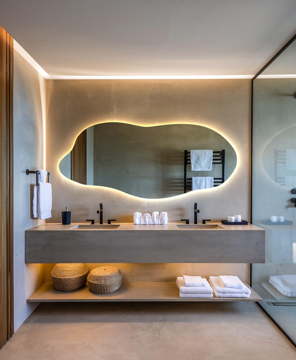 Tulup Grande Espejo 45x100 cm con Iluminación LED Luz Cálida para Baño Dormitorio Sala de Estar Montaje en Pared de Maquillaje Sin Marco Forma Orgánica Asimétrico Irregular Forma Única Diseño
