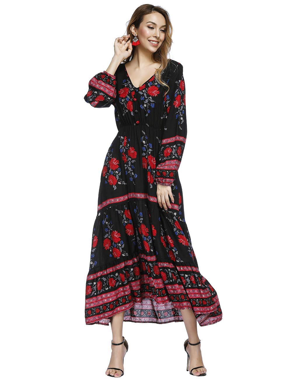 FeelinGirl Damen Lange Kleid Kleider Sommerkleider Maxikleider Blumenkleid Blumedrucken Strandkleid Rock mit Böhmen