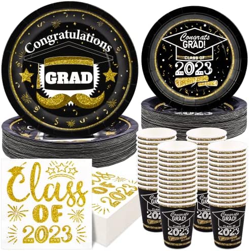 200PCS Graduation Paper Plates and Napkins Cups Class of 2023 Plates, Black and Gold Congrats Grad Party Decorations Supplies Disposable Plates Dinnerware Set for Meal Dessert Cake