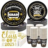200PCS Graduation Paper Plates and Napkins Cups Class of 2023 Plates, Black and Gold Congrats Grad P