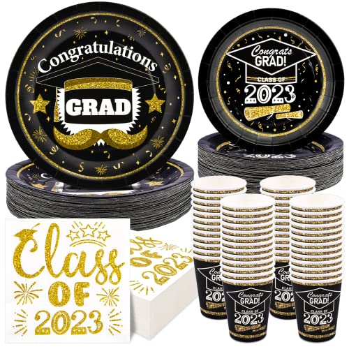 200Pcs Graduation Paper Plates And Napkins Cups Class Of 2023 Plates, Black And Gold Congrats Grad Party Decorations Supplies Disposable Plates Dinnerware Set For Meal Dessert Cake #TOP4