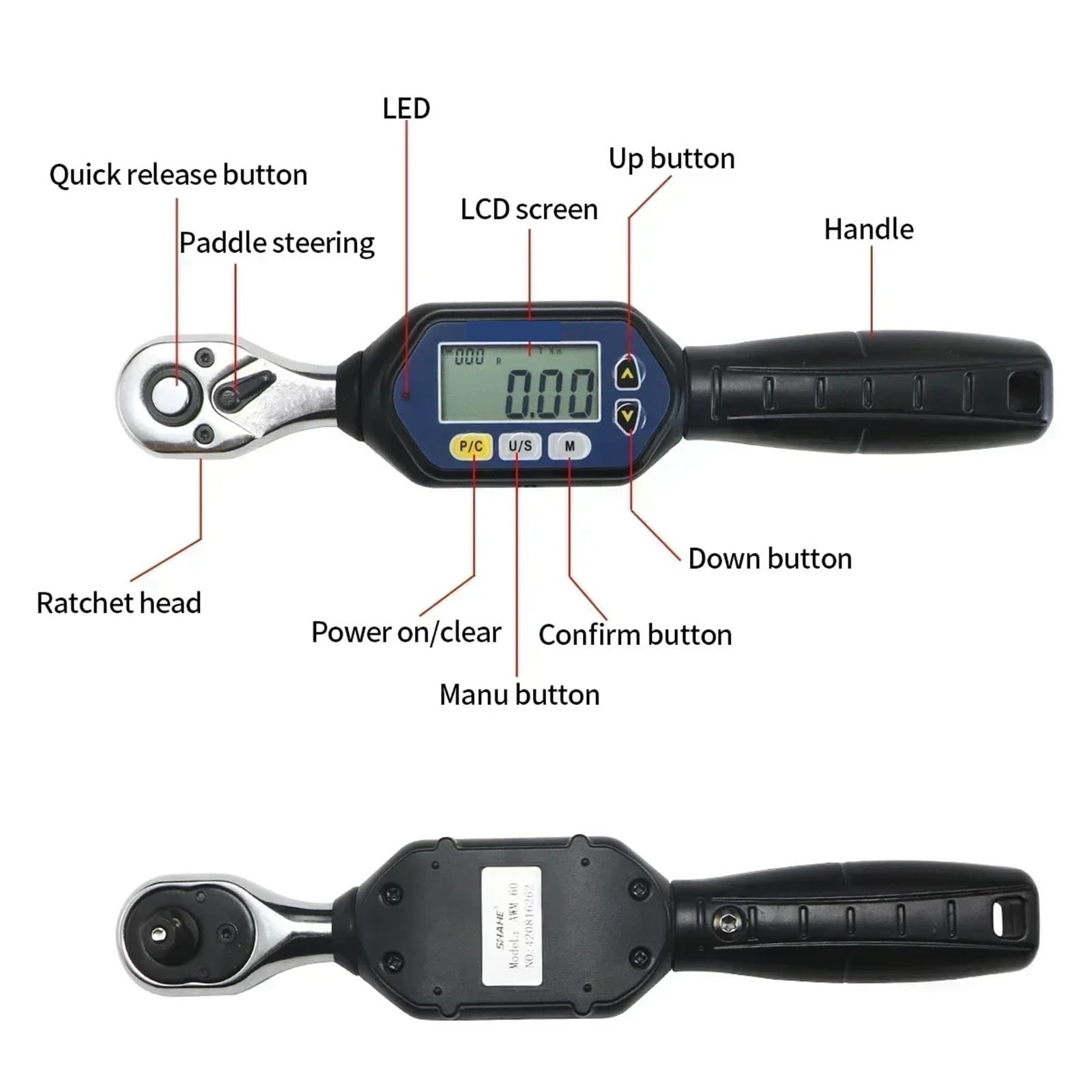 1/4'' 3/8'' 1/2'' Przetwornik klucza dynamometrycznego, dwukierunkowa głowica grzechotkowa Regulowany klucz dynamometryczny Przełączanie wielu jednostek(10)
