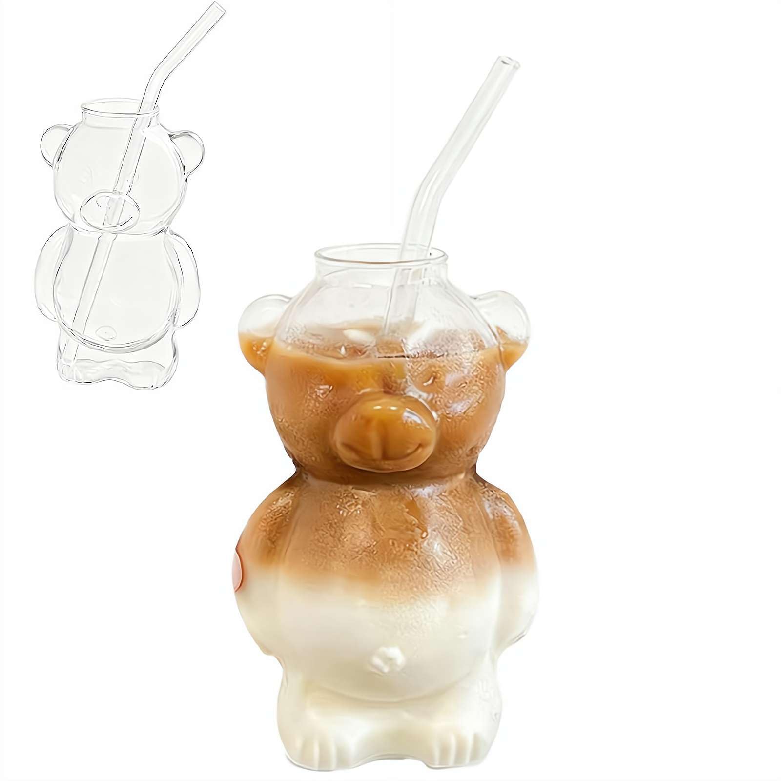 Cute Bear Glass Cup With Straw 2025 New Bear Glass Cup with Lid Honey Bears Coffee Cups for