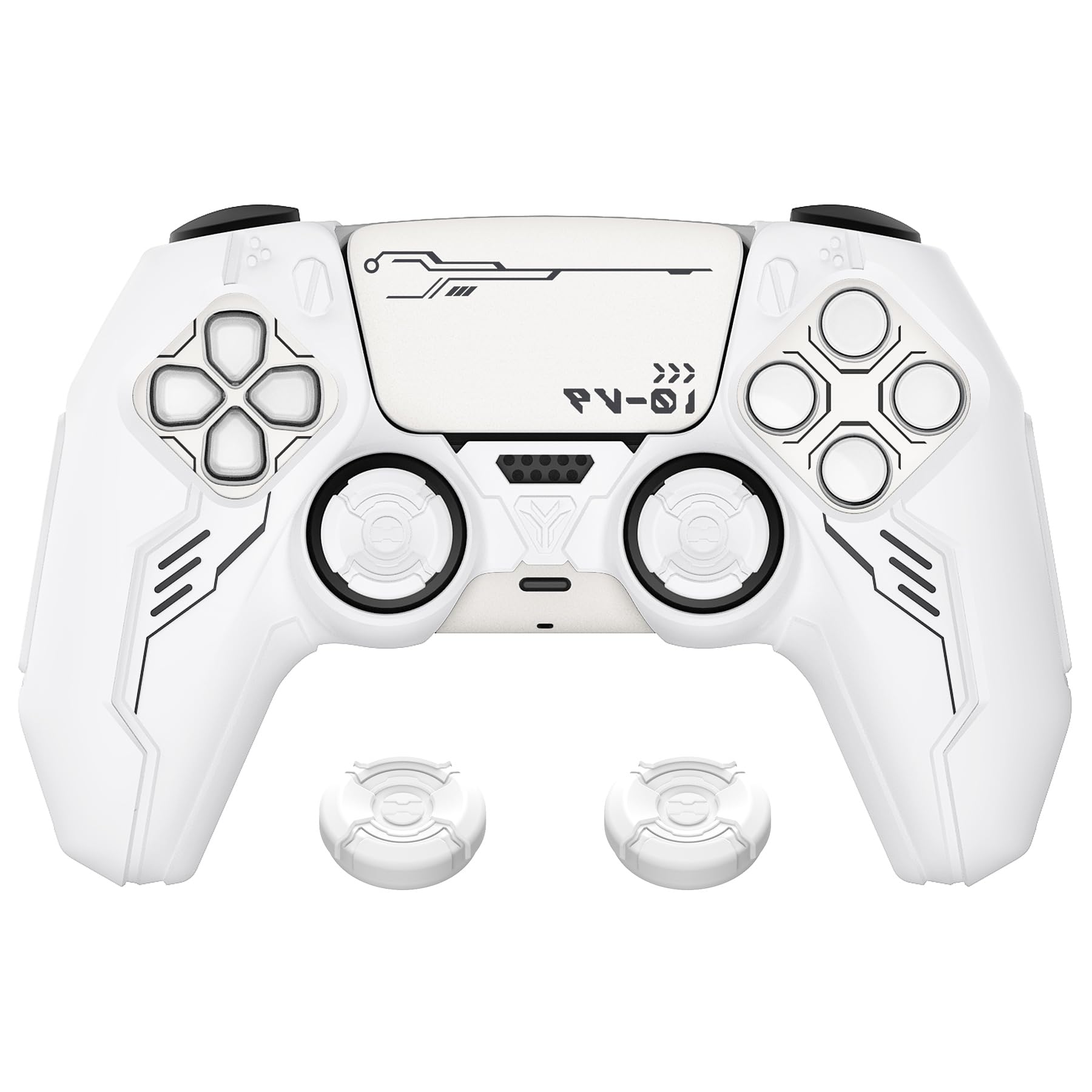 playvital Cover Controller per ps5 Joystick Custodia Silicone Skin Antiscivolo Grip Ergonomico, 2 Copri Analogici e 6 Adesivi, Adatto per Stazione di Ricarica, Mecha-Bianco