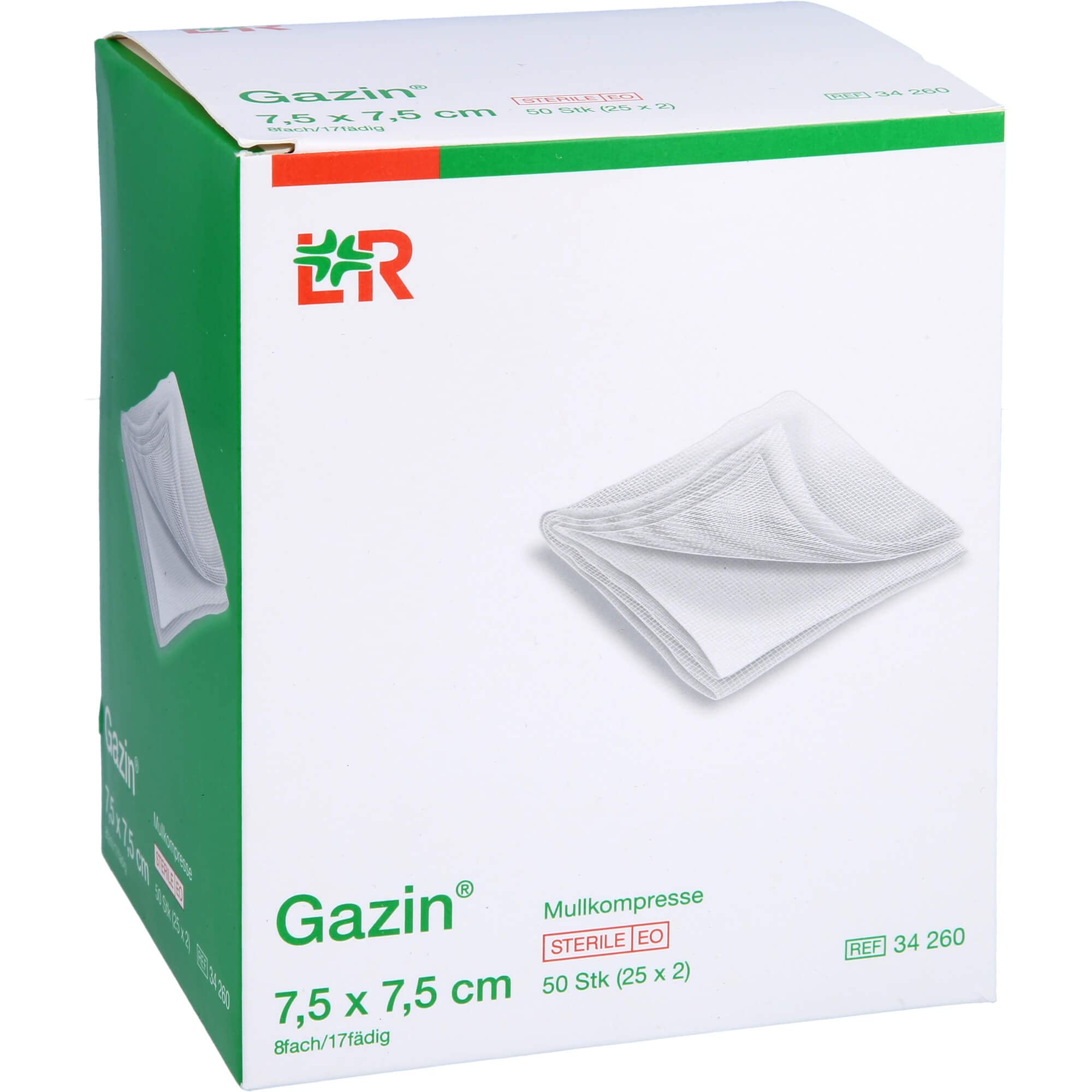 Gazin Kompresy z gazy 75 cm x 75 cm, sterylne, 8-krotne 25 x 2 sztuki, 150 g, białe, 50 sztuk
