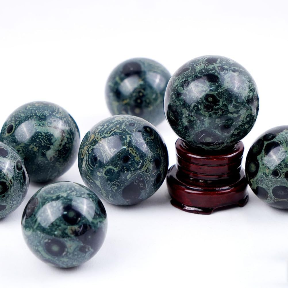 Green Malachite Crystal Ball with Wooden Base Elegant Desktop Ornament Polished Gemstone Sphere for Home Living Office Decorations,75~80mm