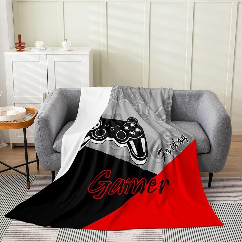 Gamer Fleece Throw Blanket Kids,Gaming Flannel Fuzzy Blanket for Bed Sofa Couch,All Season Video Game Gamepad Grey Red Black Bed Blanket Breathable Plush Blanket Room Decor Queen 90"x90" Mul