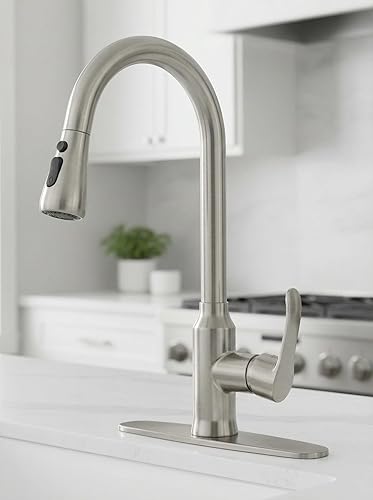 Miniatura 2 de MAKEIN Grifos de cocina con rociador extraíble, grifo de fregadero de cocina de arco alto de una sola manija, níquel cepillado, grifo de fregadero