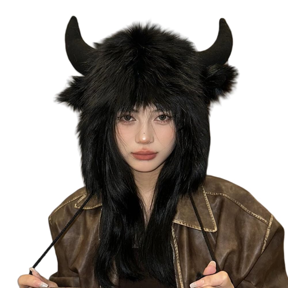 XGOPTS Faux Fur Horn Hat Winter Thermal Earflap Beanie Cap Furry Ear Warmer Trapper Hat for Men Women Creative Devil Cow Horns Cap for Halloween Party Animal Cosplay Carnival Festival