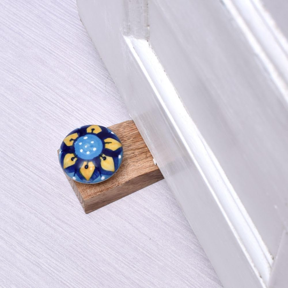 IndianShelf 1 Piece Ceramic and Wood Decorative Door Stoppers for Bottom of Door- Blue and Brown Heavy Duty Non Slip Rubber Base Door Wedges- Sturdy Floor Door Stop for Inside and Outside