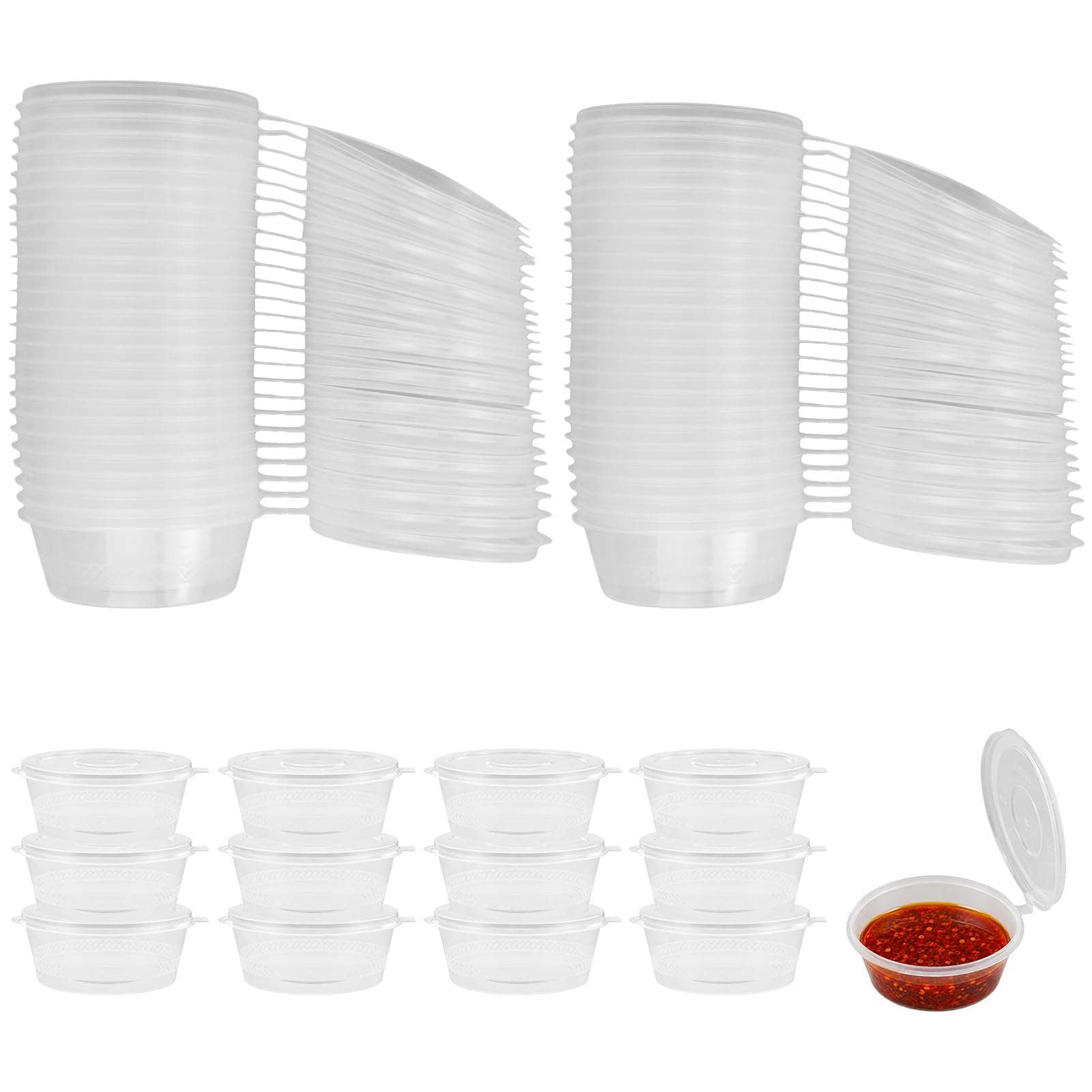 RESTALLADNWEST 100 Pcs Small Plastic Pots with Lids, 2 oz Reusable Mini Takeaway Pots for Deli, Portion Control, Jelly Shots, Sauce Cups, Condiments, Meal Prep
