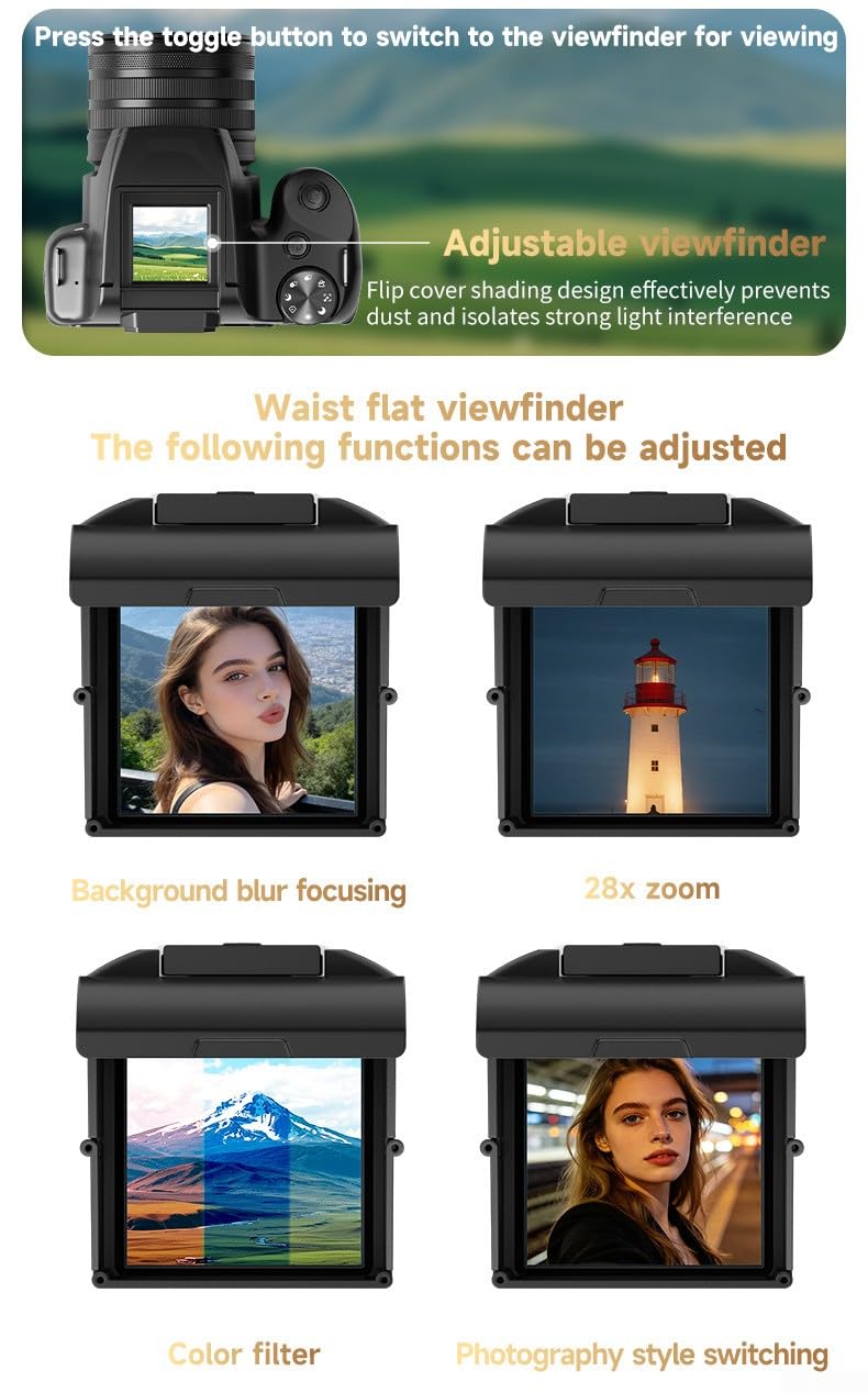 Cámara digital de 68 MP, con zoom digital de 28X y grabación de video 4K, pantalla abatible de 2.8 pulgadas de 180° para vlogging, selfies y fotografía de viajes (C)