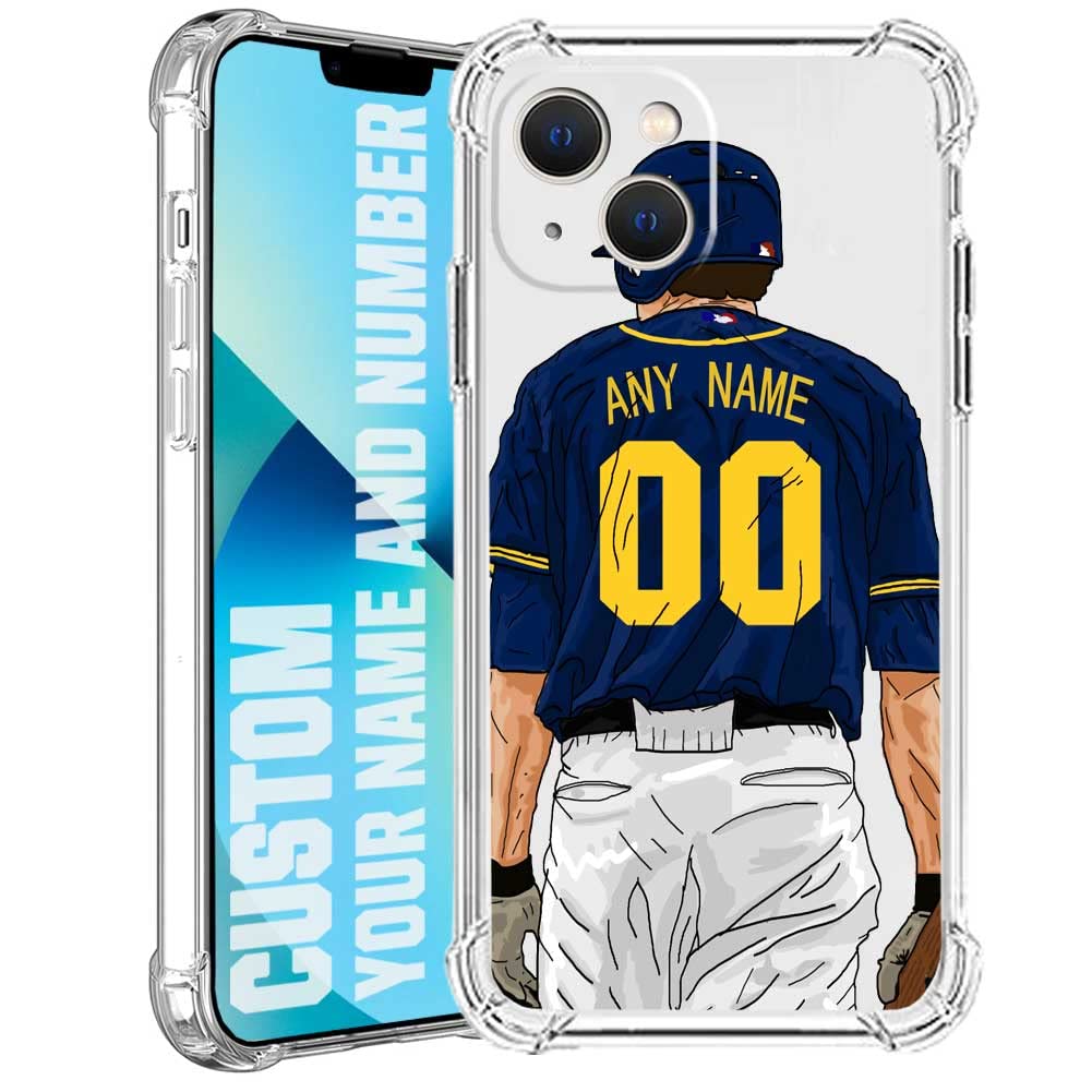 IKPYTREE Custom Name & Number Crystal Clear Baseball Jersey Case for iPhone 14 13 12 11 Xs Max Xr 8 7 6 Plus 11 Pro mini，Soft Shockproof Protective Customized Transparent Case(Milwaukee Deep Blue)