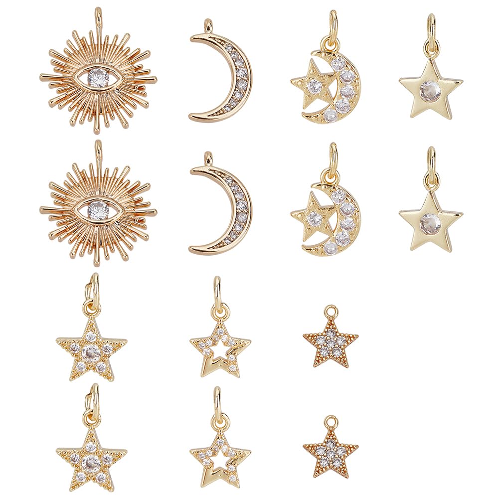 SUPERFINDINGS 14pc 7 Style Brass Micro Pave Cubic Zirconia Charms Rhinestone Crystal Moon Star Planet Starry Dangle Pendants for Bracelets Necklaces Earrings Jewelry Making