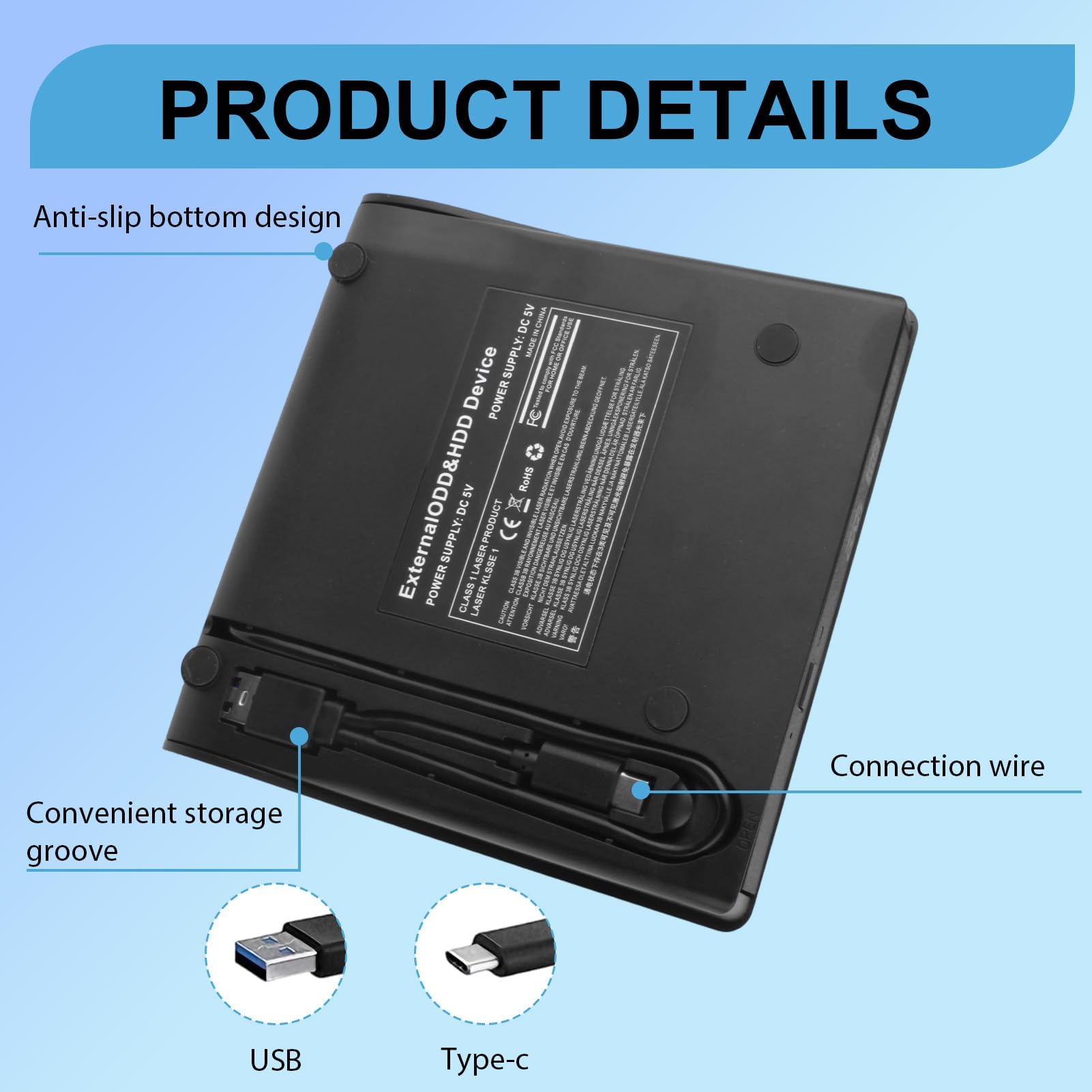 Aivane Grabadora CD/DVD Externa USB 3.0 y Type-C, Ultra-Slim CD/DVD +/-RW Drive Porttil Burner Lector DVD Externo para Windows 11/10/8/7/XP/Vista Linux MacOS Laptop Desktops — view 7