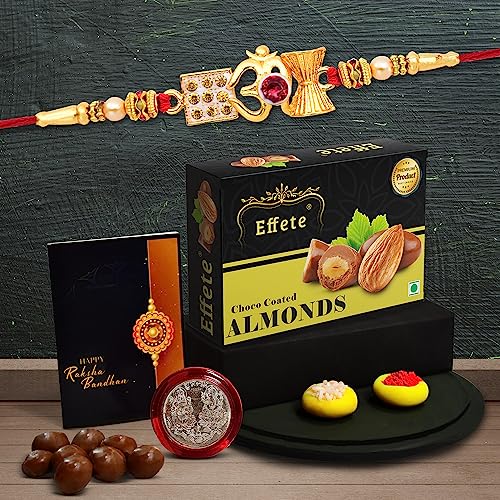 Image of DeoDap Multicolor Red Roli Chawal Rakhi Rakhi with Chocolate Almonds 32gm, Silver Pooja Coin, Tilak Set, Greeting Card - Rakhi Gift for Brother