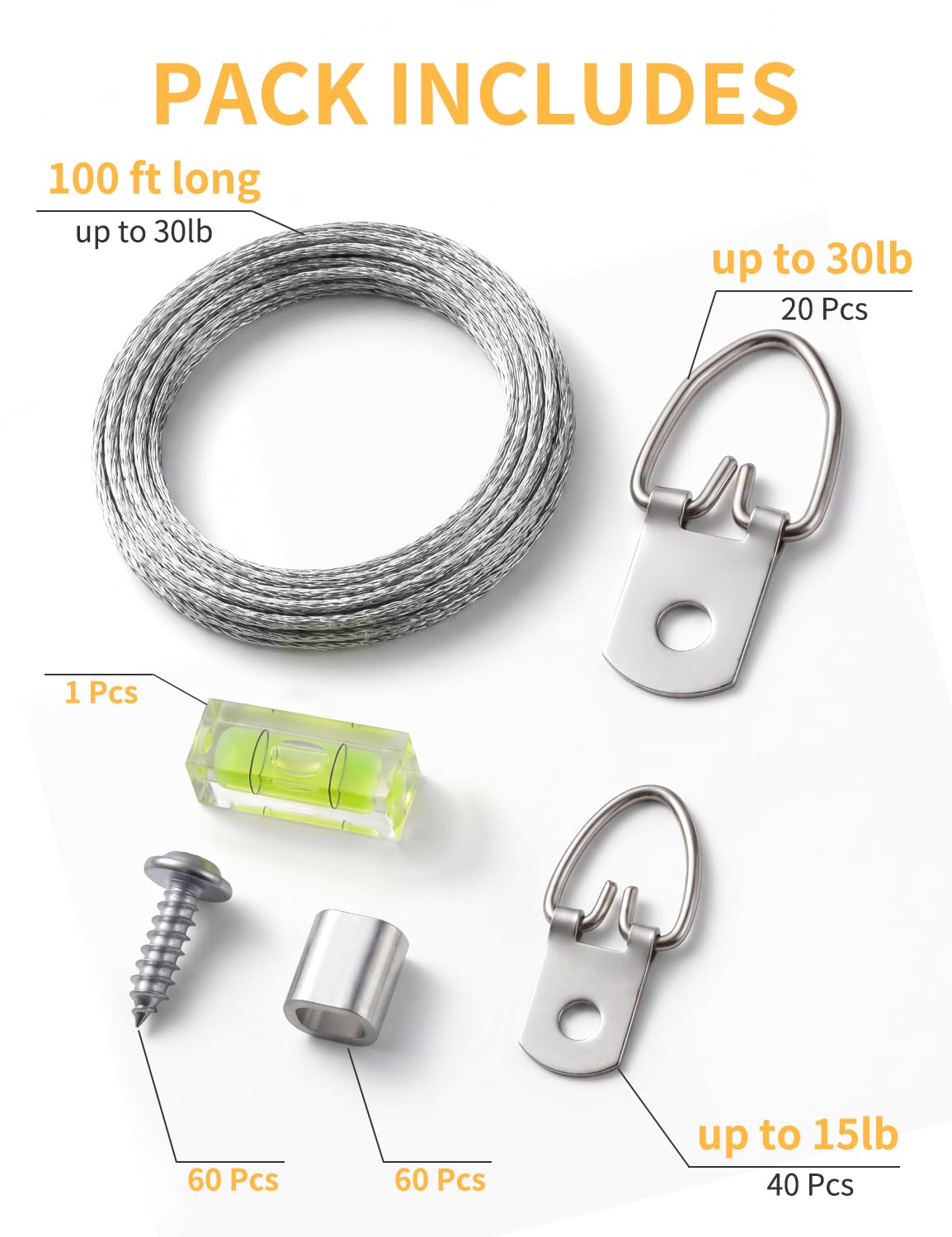 Bilder-Aufhängedraht-Set – 30 m geflochtener Draht mit D-Ring-Bilderaufhängern (40 kleine + 20 robuste), Schrauben, Aluminium-Crimphülsen und Wasserwaage, Wandaufhängung für Leinwand, Rahmen