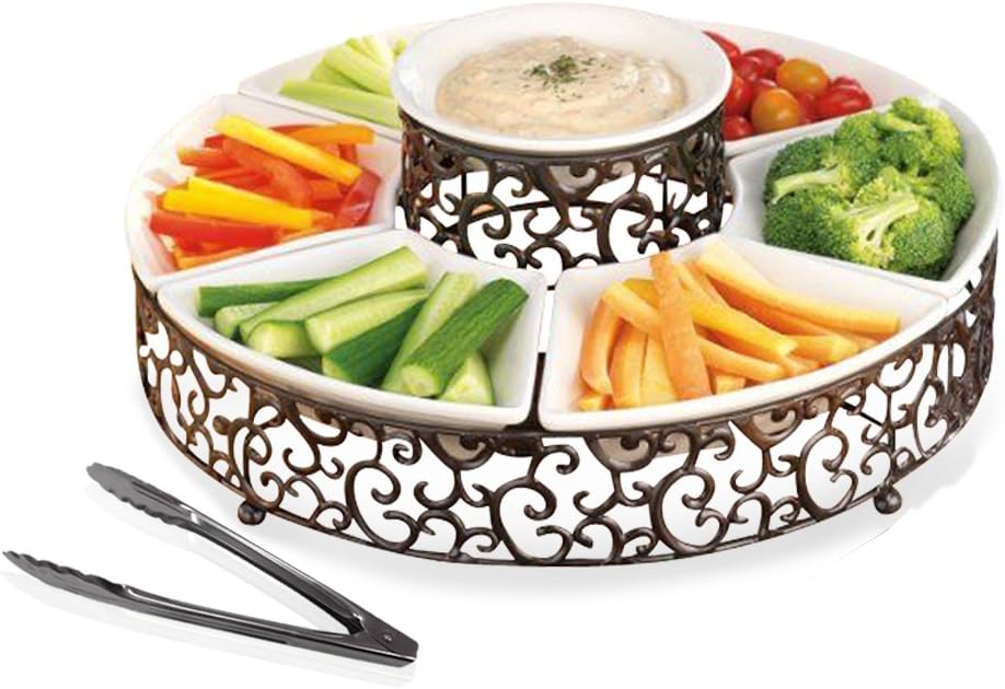 Elegant 7 Section Chips and Dip Serving Platter, Ceramic and Pressed Metal Party Centerpiece for Appetizers, Salad Bar, Divided Serving Dish with Serving Tong