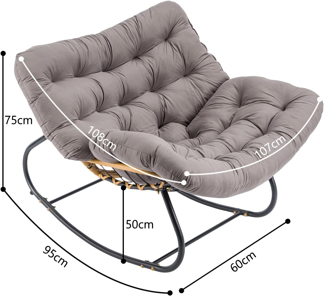 Übergroßer Schaukelstuhl mit Extra Dickem Sitzkissen – Breiter Schaukelsessel mit Ergonomischer Wippfunktion, Bequemer Loungesessel für Innen & Außen, Wohnzimmer, Terrasse (Dunkel Grau)