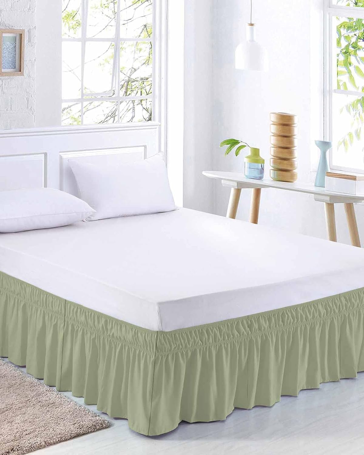 Sage Green Bed Skirt Queen Size 16 Inch Drop, Farmhouse Pure Sage Green Adjustable Elastic Bedskirt Dust Ruffle for Queen Bed, Modern Art Decor Wrap Around Bed Skirts Pleated Bed Frame Cover