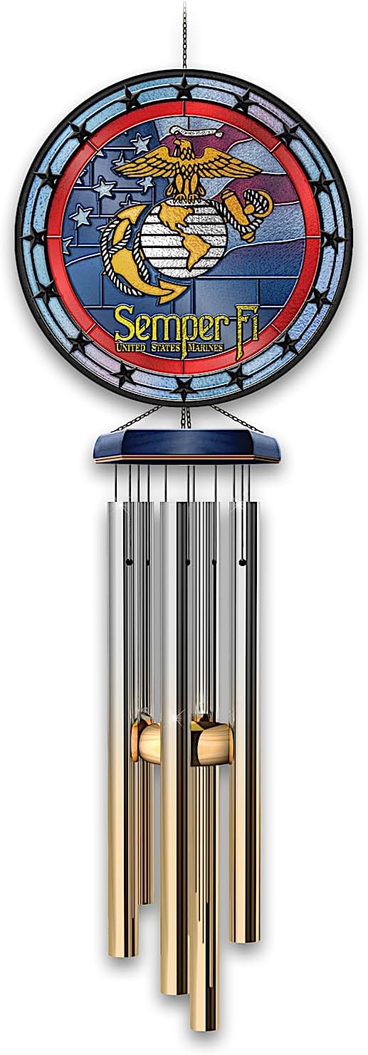 U.S. Marines Stained Glass Wind Chime Featuring The USMC Emblem and 8 Ombre-Finished Metal Chimes