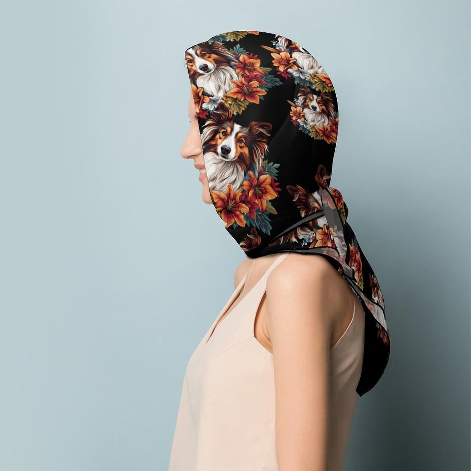 Floral Sheepdog Dog Flower Bandana Fashion Head Scarf Square Silk Scarf Print Neck Hair Scarfs for Women Men Gifts