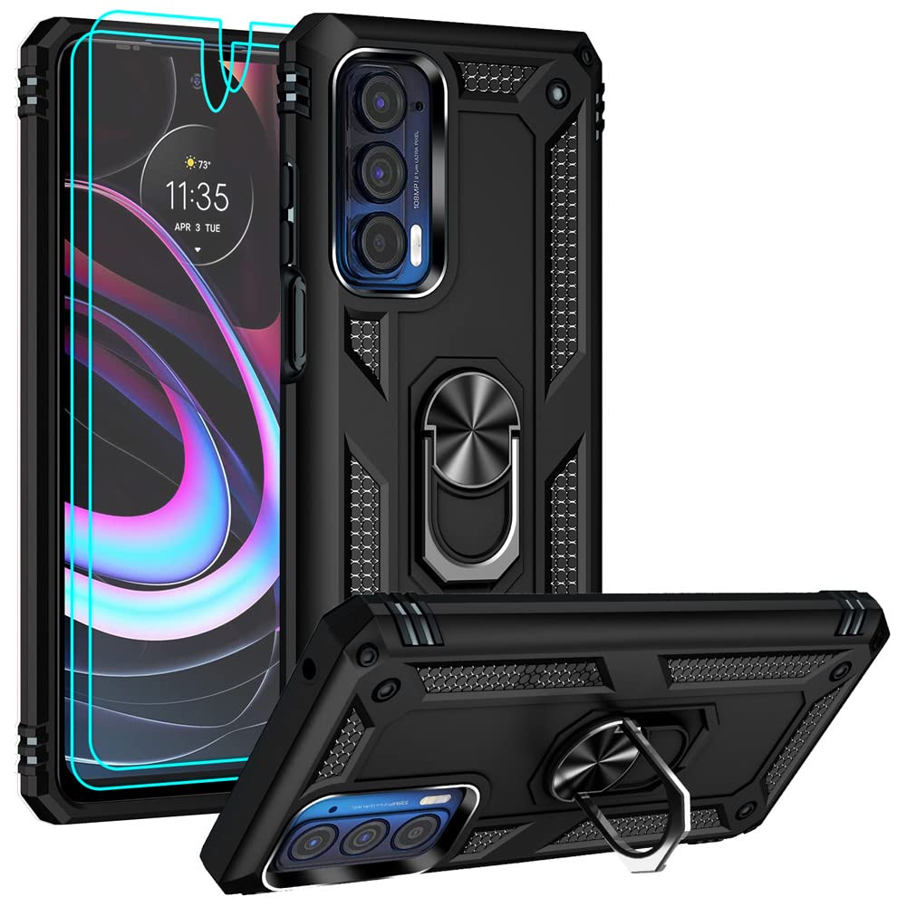 Androgate Compatible With Motorola Moto Edge 2021/5G UW Case, HD Screen Protectors, Military-Grade Metal Ring Kickstand, 15ft Drop Tested Shockproof Cover, Black