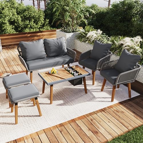 6-Piece Rope Patio Furniture Set, Outdoor Furniture with Acacia Wood Cool Bar Table with Ice Bucket, Deep Seat Patio Conversation Set with Two Stools for Backyard Porch Balcony (Grey)