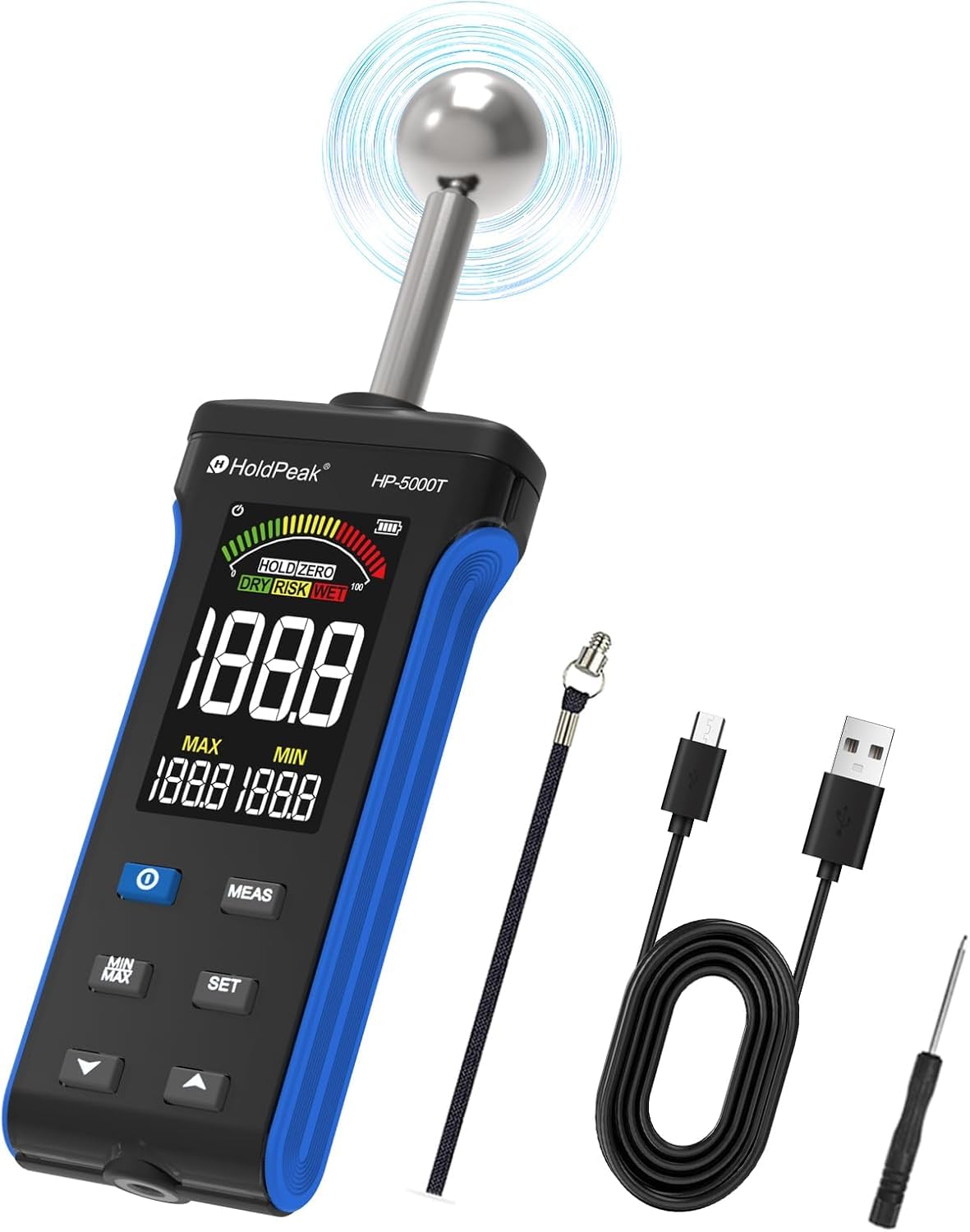 H HOLDPEAK Feuchtigkeitsmesser, mit LCD-Farbdisplay und Alarmfunktion, für Wände, Holz, Mauerwerk, Beton, Gipse, Baumaterialien, 20 – 40 mm, Analysetiefe
