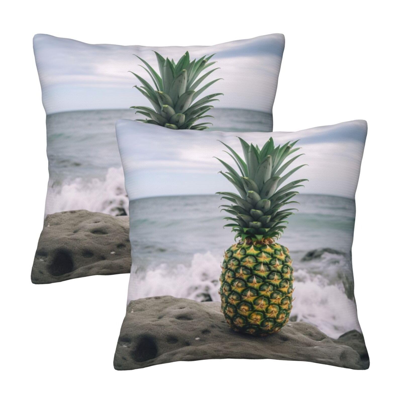 Green Pineapple in Seaside Throw Pillow Cases 2 Pack Square Pillowcases Soft Pillow Protectors for Couch Livingroom Sofa Bed Office Car,45x45 CM