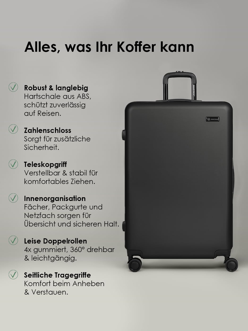 Smartbox Kofferset 3-teilig Hartschale ABS 4-Doppelrollen | Edition 05, 3er Set 41/61/101 L, Zahlenschloss, Leichte ABS-Hartschale