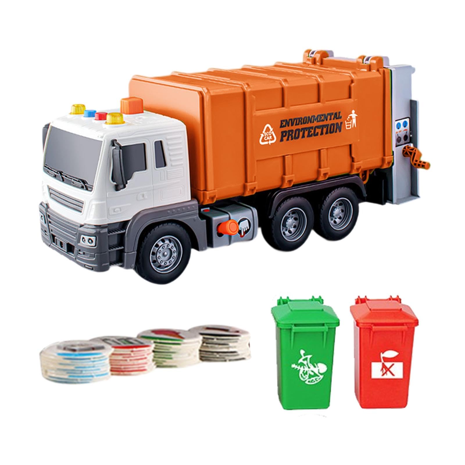 Camion della Spazzatura Giocattolo con Funzione di Ribaltamento, Accessori per La Raccolta Differenziata, Luci E Suoni – Adatto Ad attività Sensoriali, Arancia