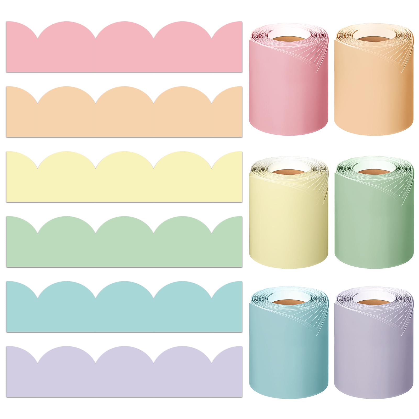 Fuutreo 6 rollos de borde de tablón de anuncios en colores pastel de 299 pies, borde festoneado colorido para pizarra de regreso a clases, pizarra blanca, decoración del hogar, pared y oficina